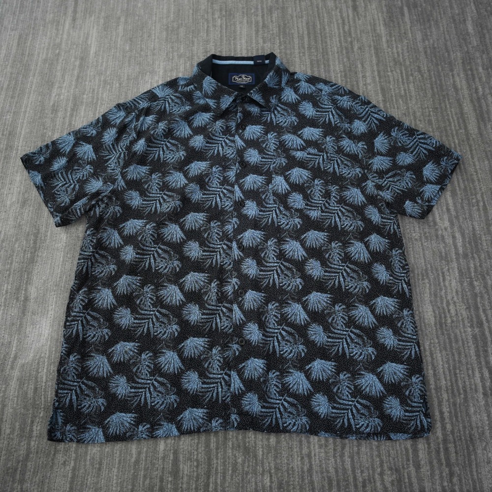 Nat Nast Shirt Men Button Up Short Sleeve Silk Black Blue Palm Print Hawaii XL